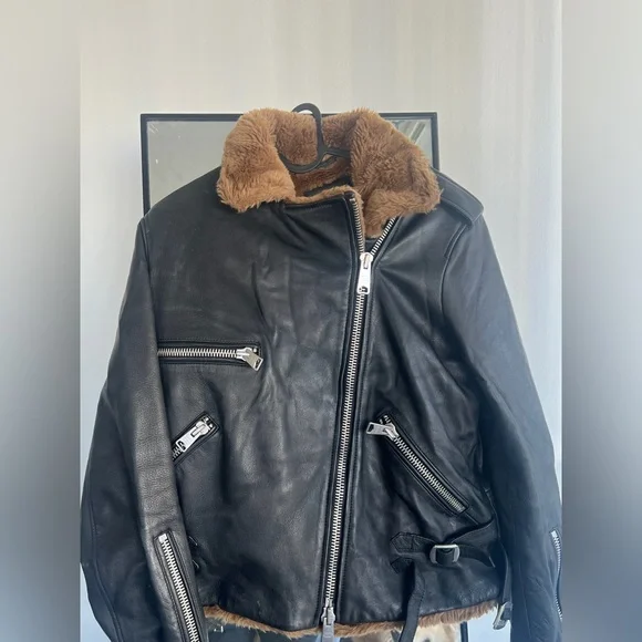 All Saints Black Leather Jacket with Brown Shearling - Picture 4 of 5